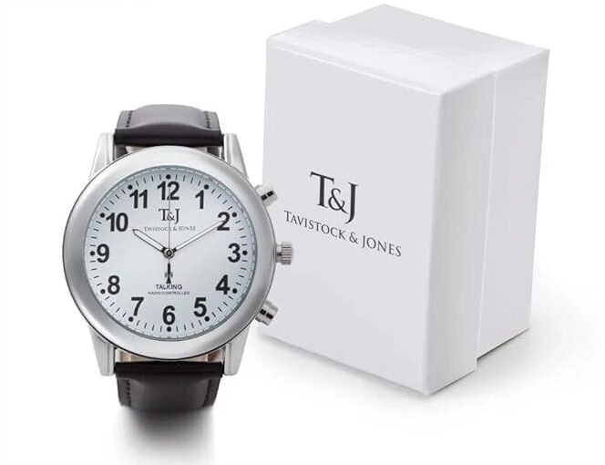 T&J Mens Radio Controlled Atomic Talking Speaking Watch Black Leather Strap time